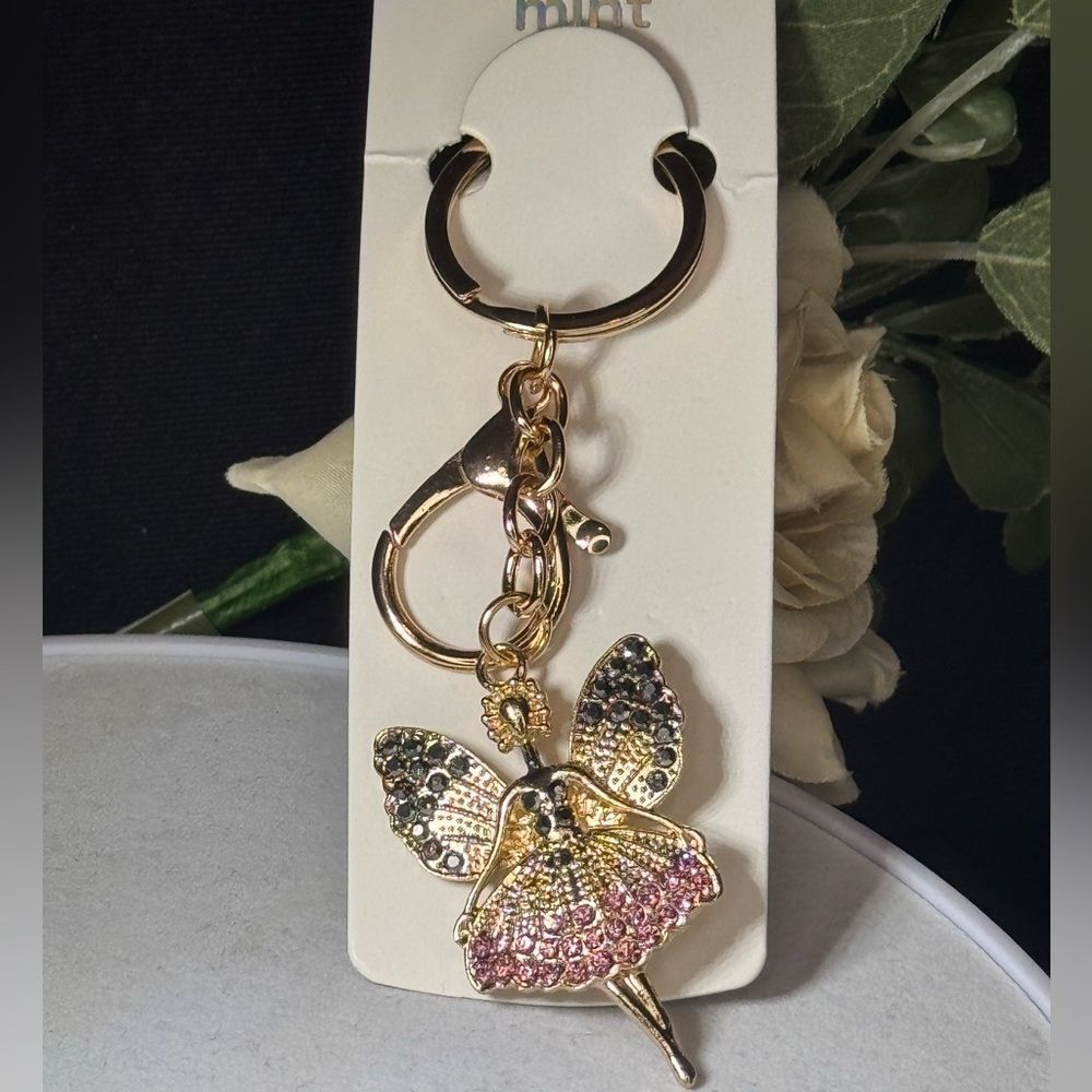 BAG CHARM MINT  Crystal Ballerina Keychain Charm - Pink & Gold Accent